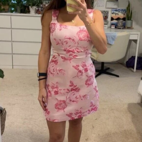 Lulus Brighter Side Pink Floral Satin Jacquard Mini Dress – Size Medium - Picture 4 of 14